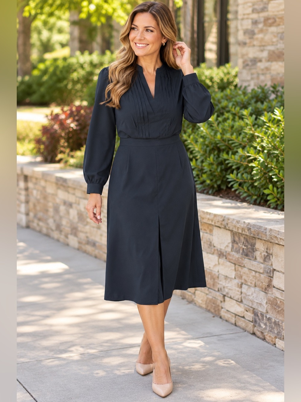 Tory Burch Navy Blue Pleated Long Sleeve Dress Size 0 NWT $425